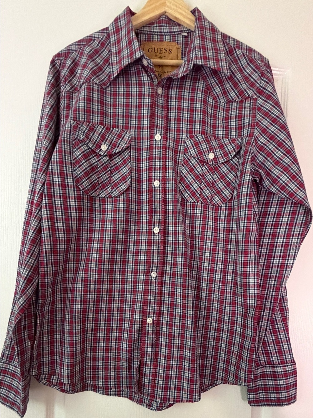 Vintage GUESS Jeans Mens M Western Plaid Shirt Red Navy 100% Cotton Button Up